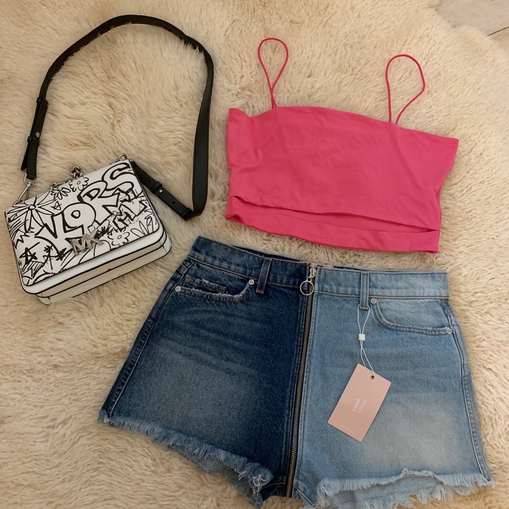 Zip up color block jean shorts